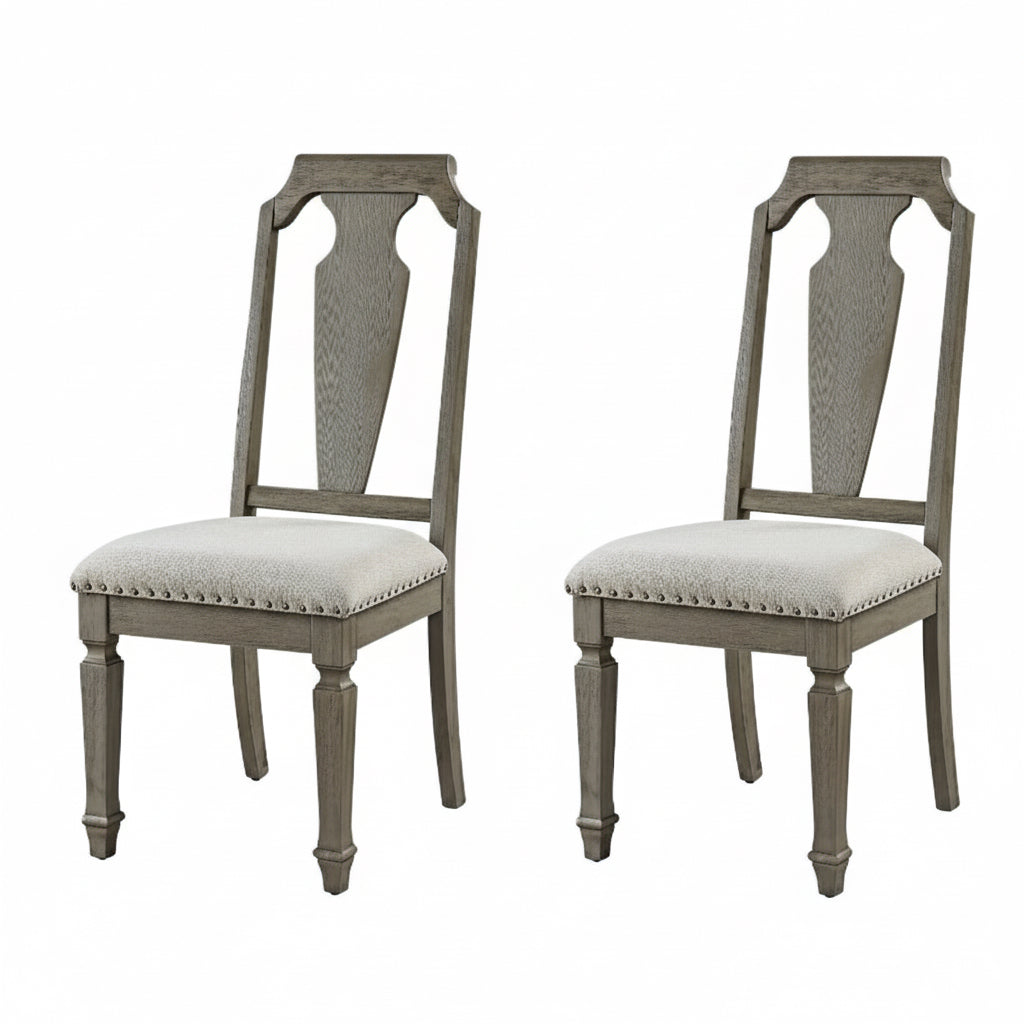 •	“Weathered Oak Open-Back Side Chairs – Set of 2 (Beige Upholstery)”