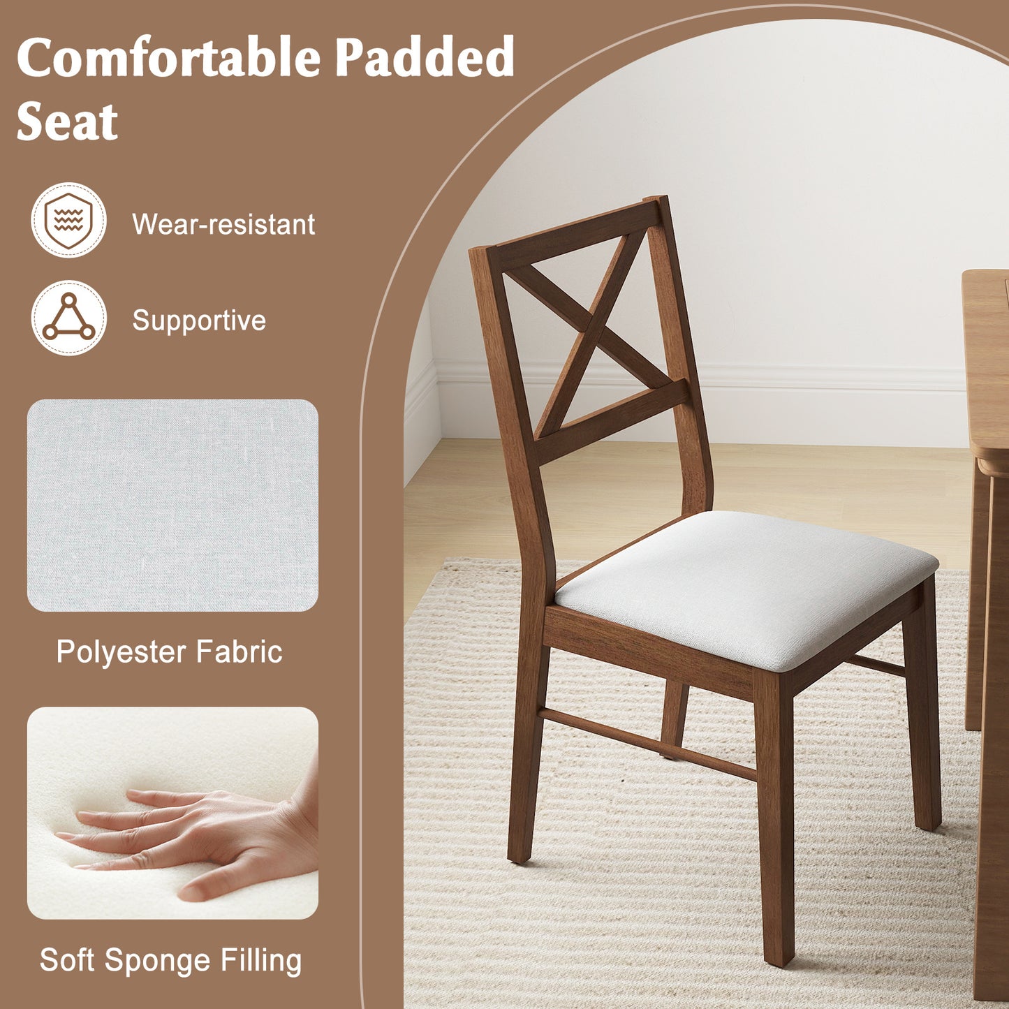 COSTWAY Dining Chairs Set of 2, Upholstered Kitchen Side Chairs w/ Rubber Wood Frame, Padded Seat, Cross Back, Farmhouse Armless Dinette Chairs for Dining Room, Living Room