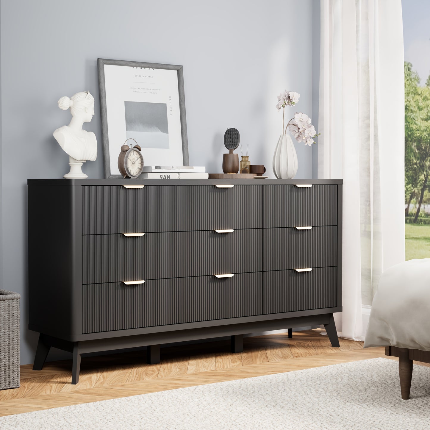 Willow Bend Nine-Drawer Wood Dresser
59″ Mid-Century Inspired Solid Wood Storage Chest