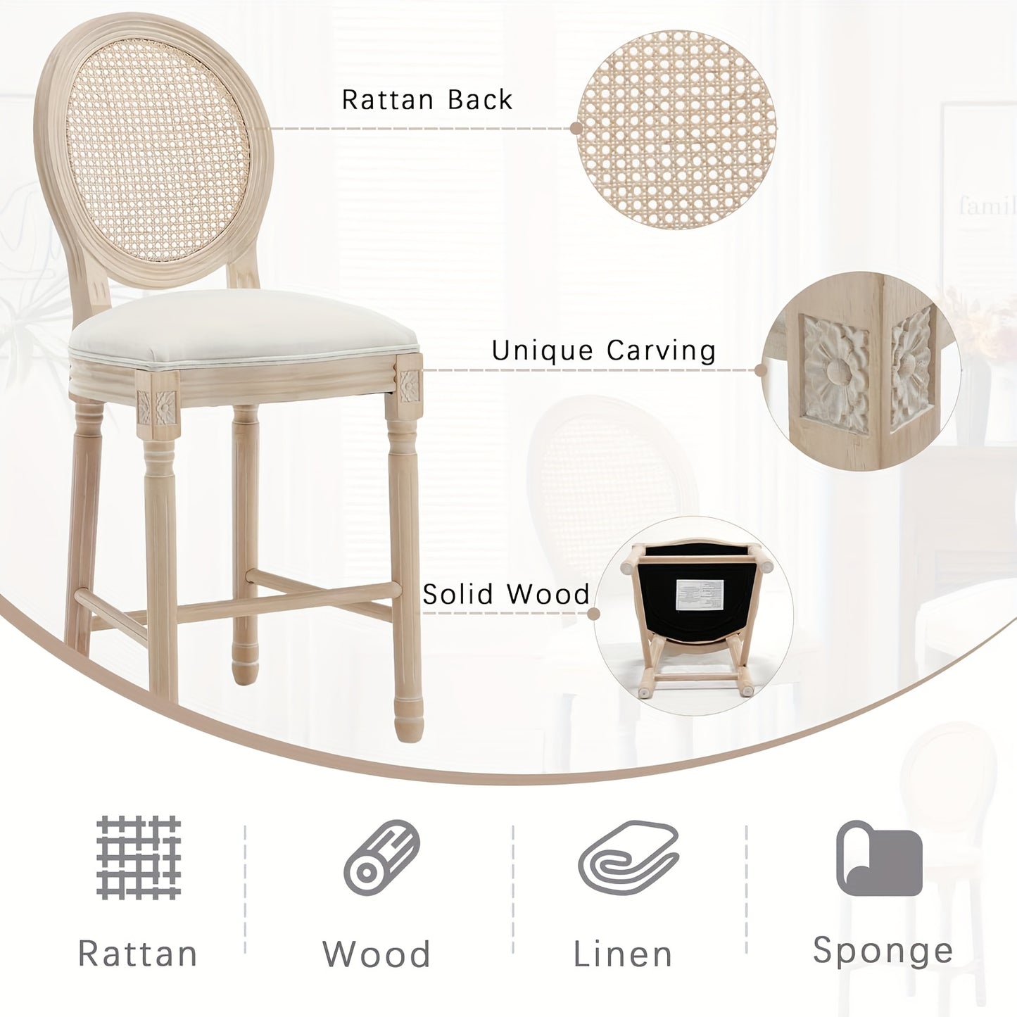 The Coletta Cane Back Counter Stools – Upholstered Solid Wood Counter Height Stools (Set of 2)