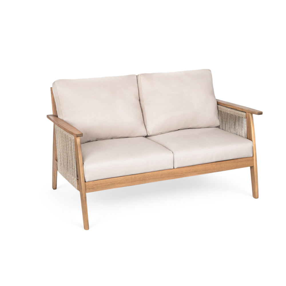 [Modular Outdoor Sofa] Acacia Wood Modular Outdoor Sofa Set 4pcs, Rope Accent Patio Furniture with [Removable Beige Cushions], Weatherproof Seating for Backyard, Garden, Deck