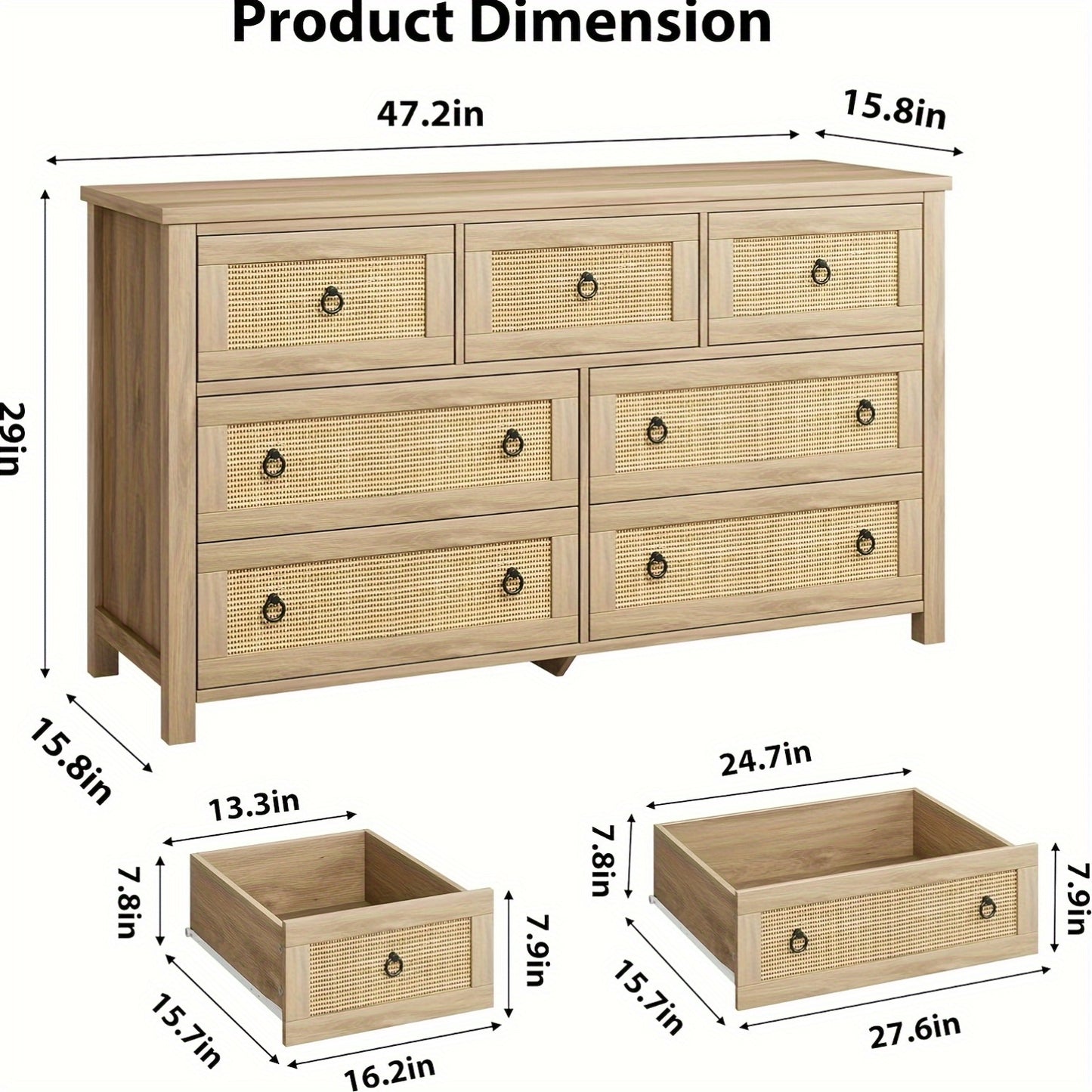 Hawthorn Cane - Front 7 - Drawer Dresser – Neutral Storage Chest - solid wood furniture by Chic Woods