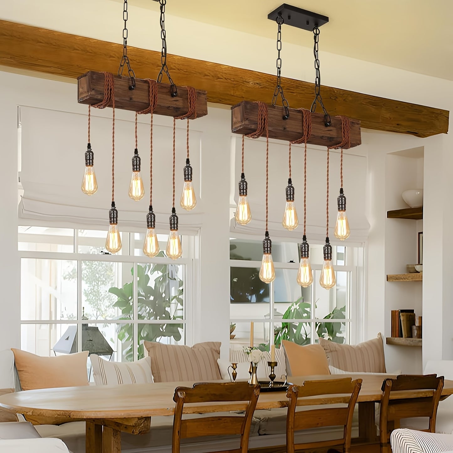 [Rustic | Farmhouse] Rustic 6-Light Farmhouse Chandelier | Adjustable Height Wooden Pendant Light with Metal Sockets | for Kitchen Island, Dining Room, Bar, Pool Table, or Cabin - Warm Ambient Lighting for Cozy Spaces