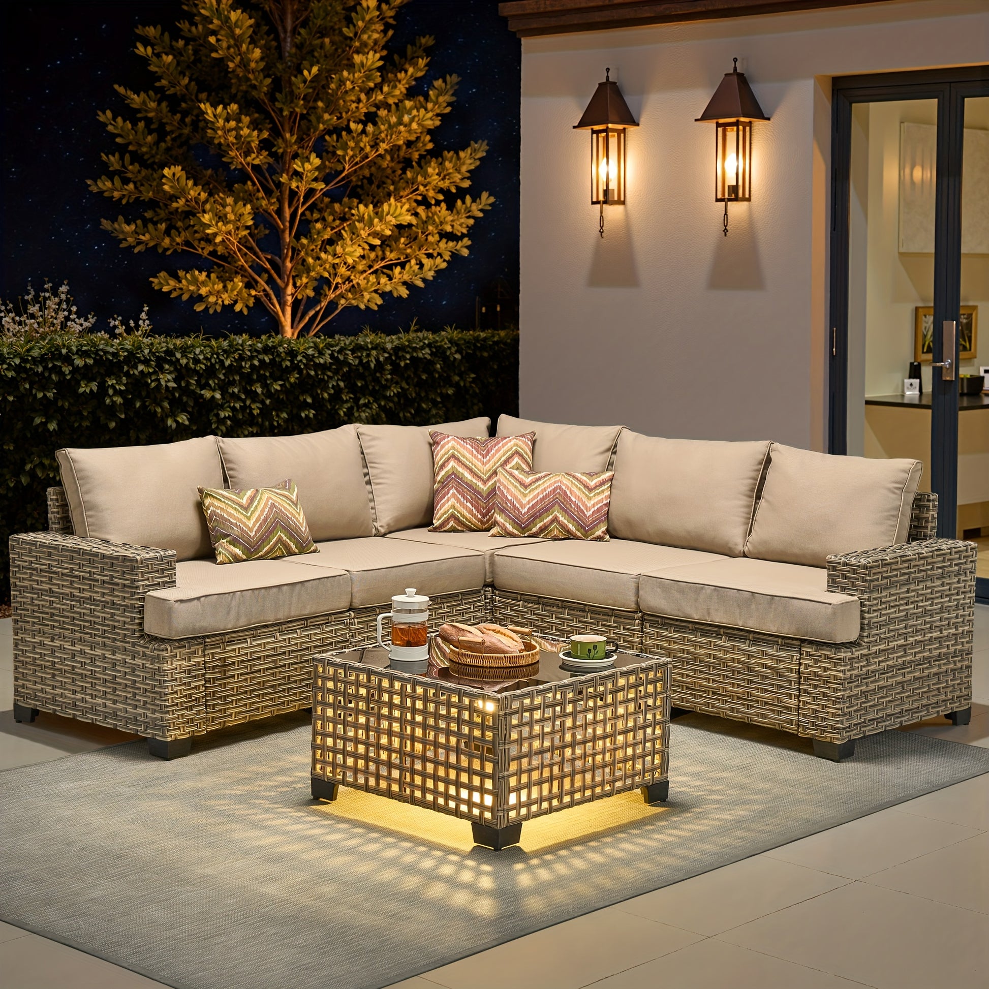 6pcs Sectional Sofa Couch, Outdoor Wicker Patio Furniture Set With Atmosphere Coffee Table, Modular Design Weather-Resistant Rattan Furniture With Thicker Padded Cushions For Backyard, Deck, And Porch