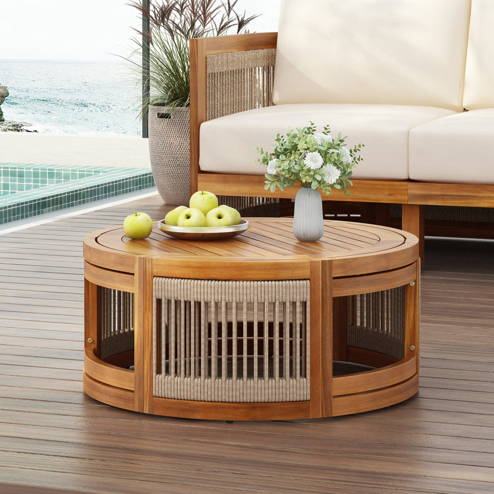 27.95" Acacia Wood Outdoor Coffee Table - Handwoven Rope Accent Boho Patio Table with All-Weather Durability