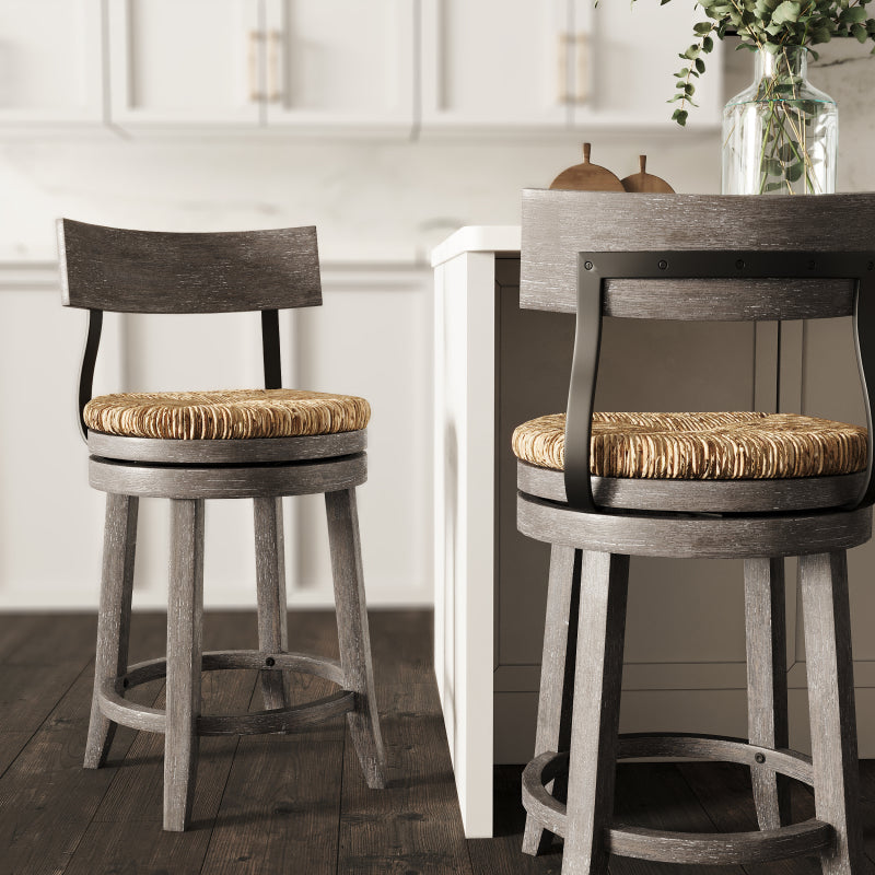 Farmhouse 26' Wood Counter Height Bar Stool with Natural Seagrass Seat Reclaimed Gray
