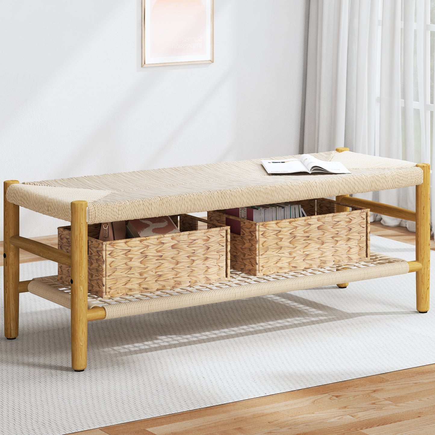 Cambria Rattan Storage Bench | 39” Woven Seat with Baskets