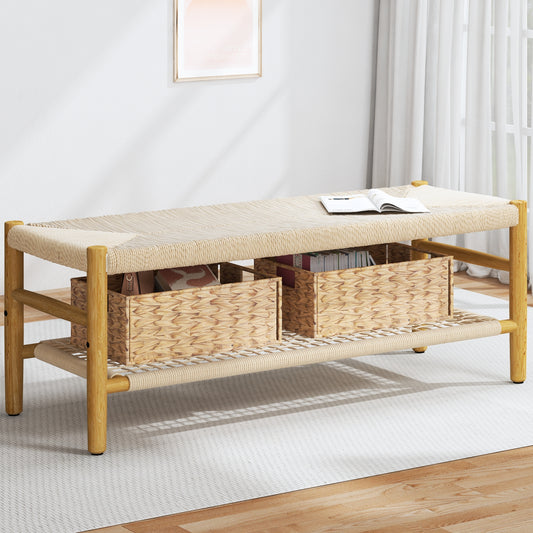 Cambria Rattan Storage Bench | 39” Woven Seat with Baskets