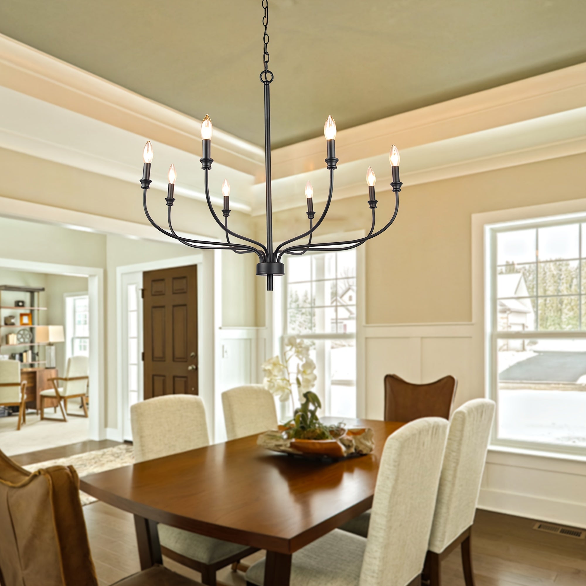 Modern Black Chandelier, 8-Light Farmhouse Chandelier For Dining Room Light Fixtures, Industrial Metal Candle Chandelier For Kitchen Island Bedroom