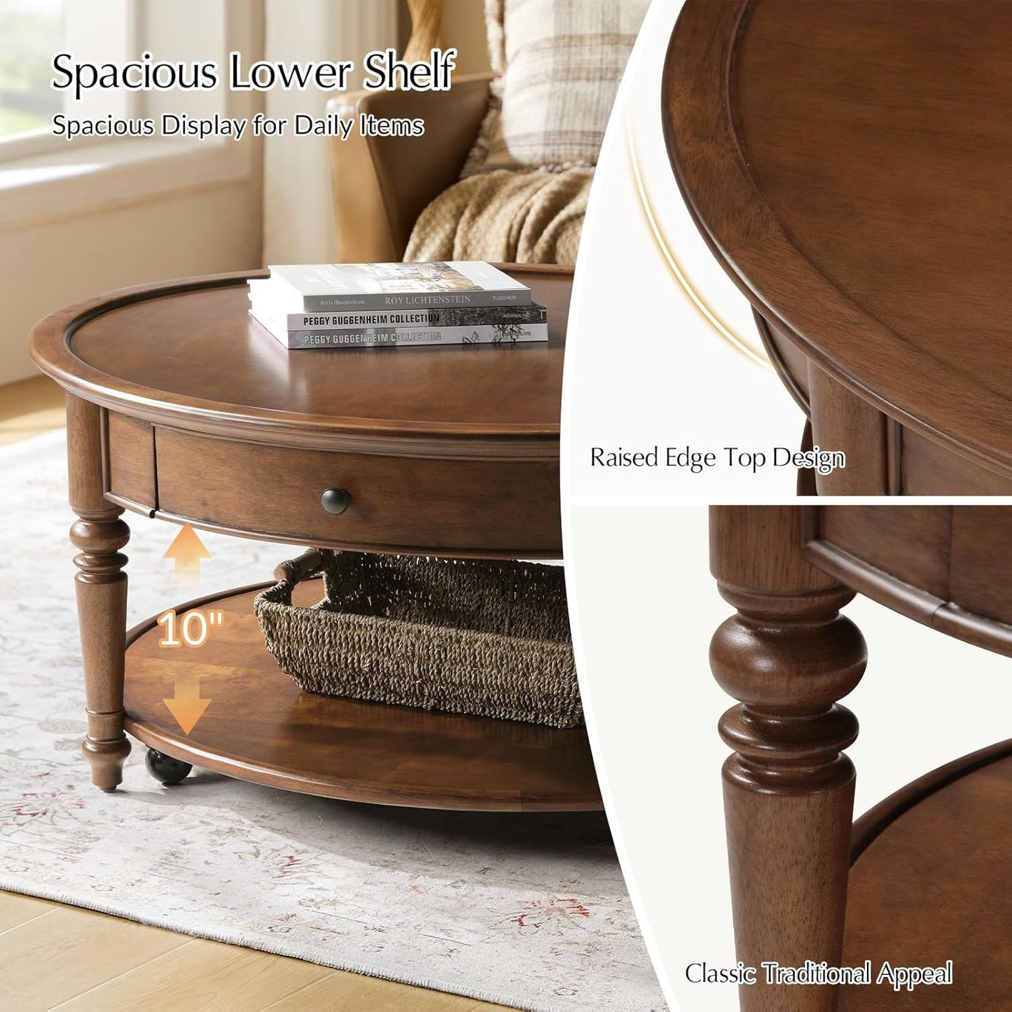 Bennett Round Walnut Coffee Table | 2-Tier with Drawer & Casters