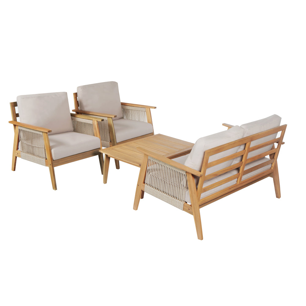 [Modular Outdoor Sofa] Acacia Wood Modular Outdoor Sofa Set 4pcs, Rope Accent Patio Furniture with [Removable Beige Cushions], Weatherproof Seating for Backyard, Garden, Deck