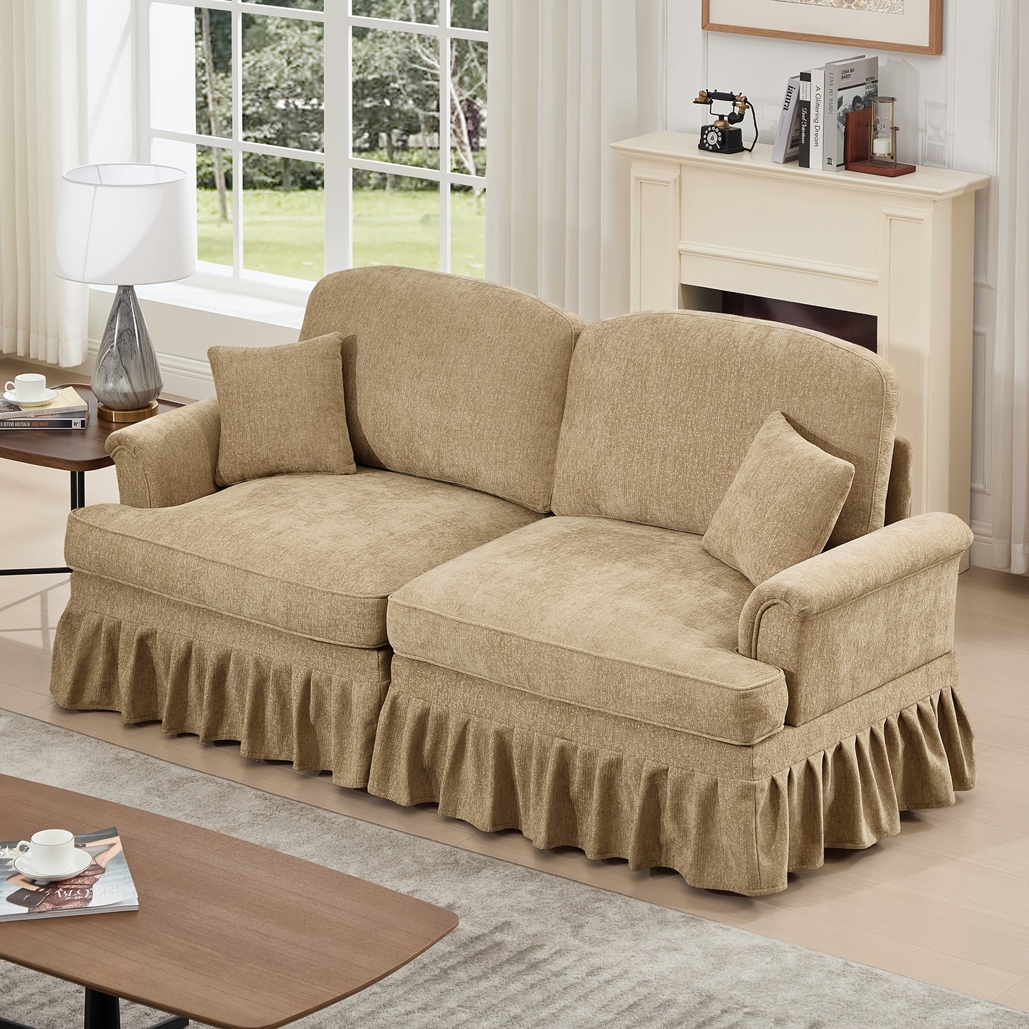 76.4 Inch Chenille Modular Sectional Sofa - 2-Seat L-Shaped Couch with Detachable Ruffled Skirt, Plush Foam Cushions & Hardwood Frame, Comfy Deep Seat, Retro Modern Design for Living Room & Apartment, Easy Assembly, Durable &