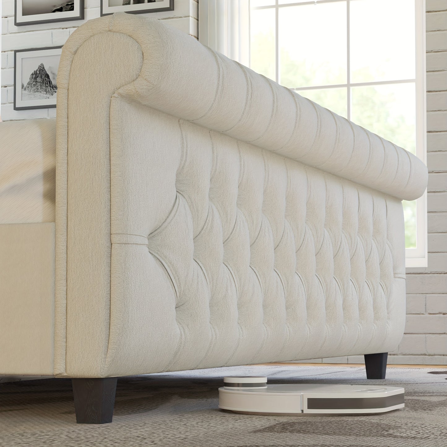 Seraphine Tufted Scroll Wingback Bed – Chenille Platform Support - solid wood furniture by Chic Woods