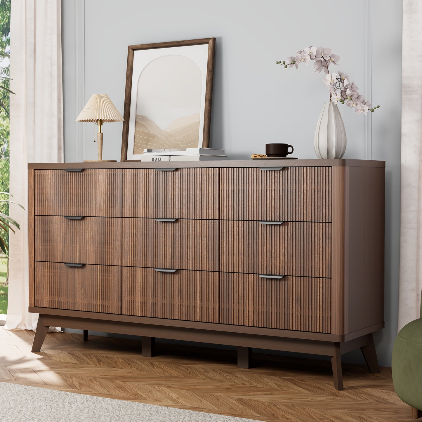 Willow Bend Nine-Drawer Wood Dresser
59″ Mid-Century Inspired Solid Wood Storage Chest