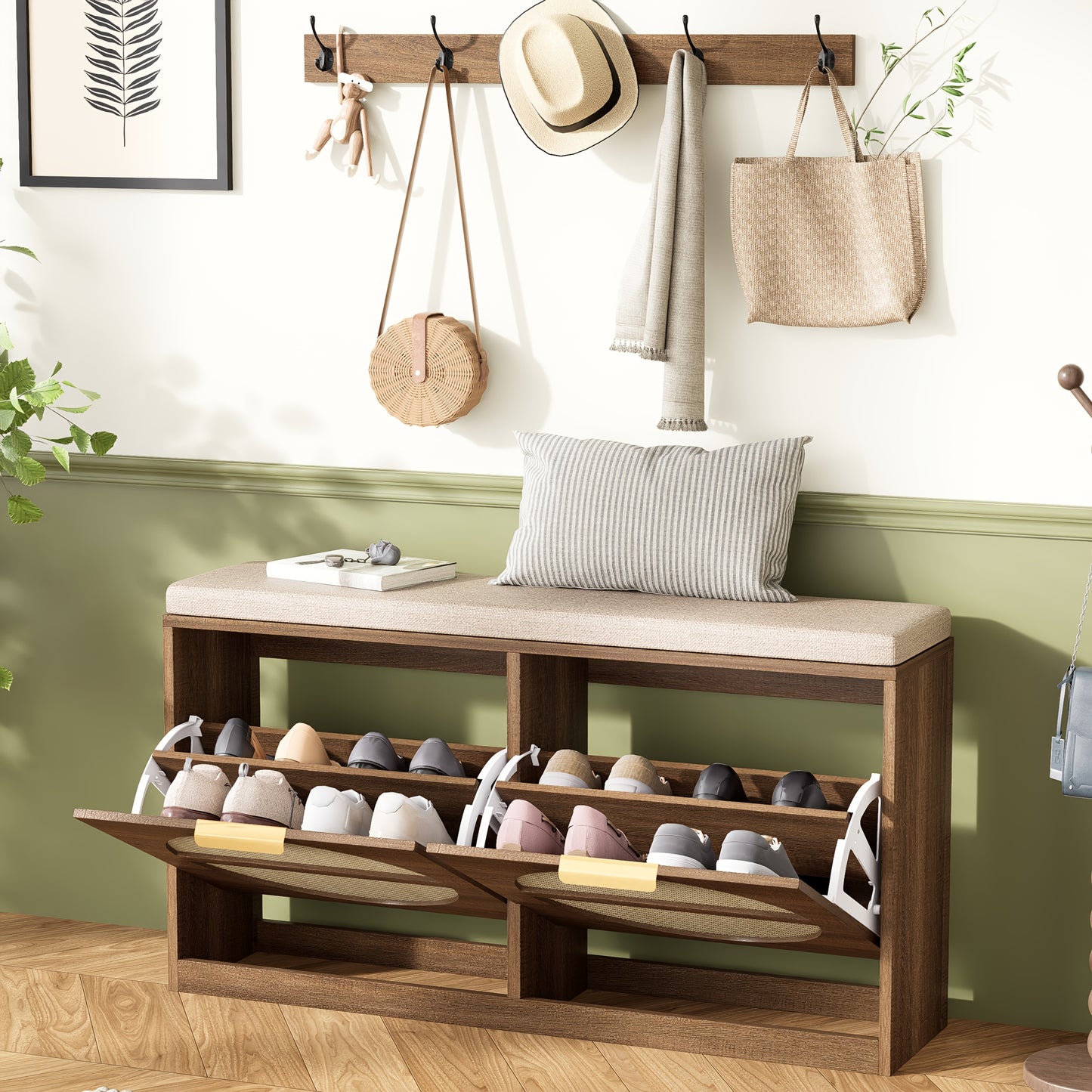 Porter Rattan Entryway Hall Tree | Shoe Storage, Bench & Hooks