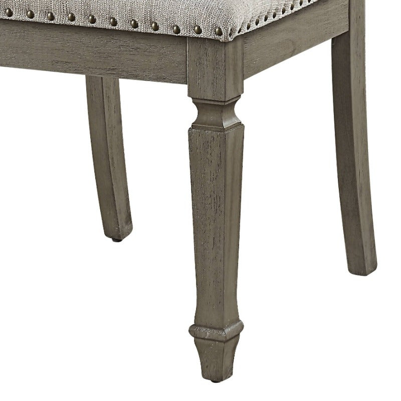 •	“Weathered Oak Open-Back Side Chairs – Set of 2 (Beige Upholstery)”