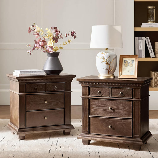 Walnut Nightstand with Charging Station & 3 Drawers