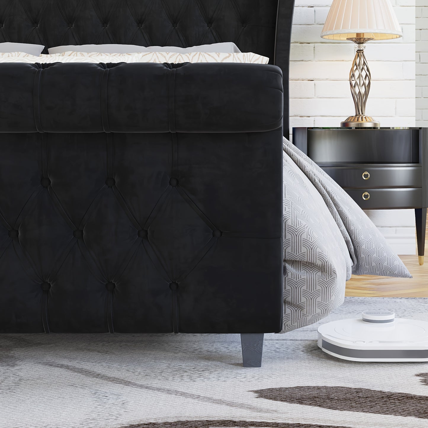 Seraphine Tufted Scroll Wingback Bed – Chenille Platform Support - solid wood furniture by Chic Woods