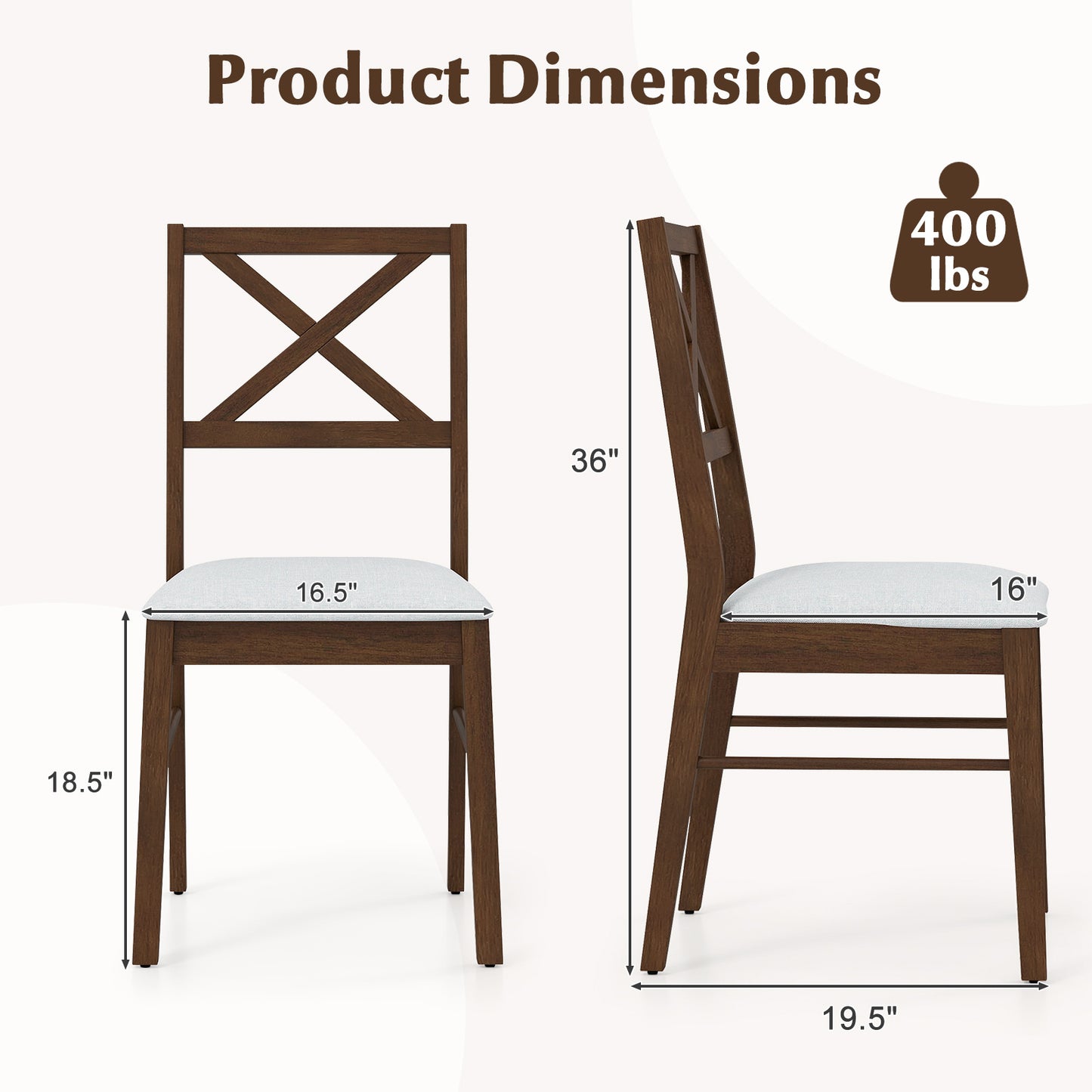 COSTWAY Dining Chairs Set of 2, Upholstered Kitchen Side Chairs w/ Rubber Wood Frame, Padded Seat, Cross Back, Farmhouse Armless Dinette Chairs for Dining Room, Living Room