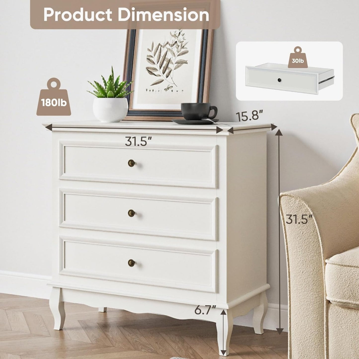 Aurelia Modern White 3-Drawer Dressers – Set of 2 | Gold Pulls