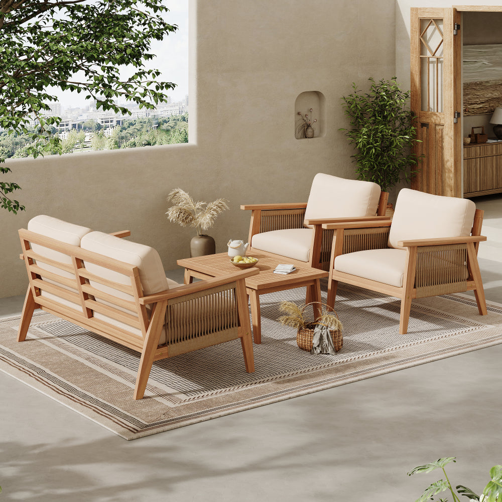 [Modular Outdoor Sofa] Acacia Wood Modular Outdoor Sofa Set 4pcs, Rope Accent Patio Furniture with [Removable Beige Cushions], Weatherproof Seating for Backyard, Garden, Deck