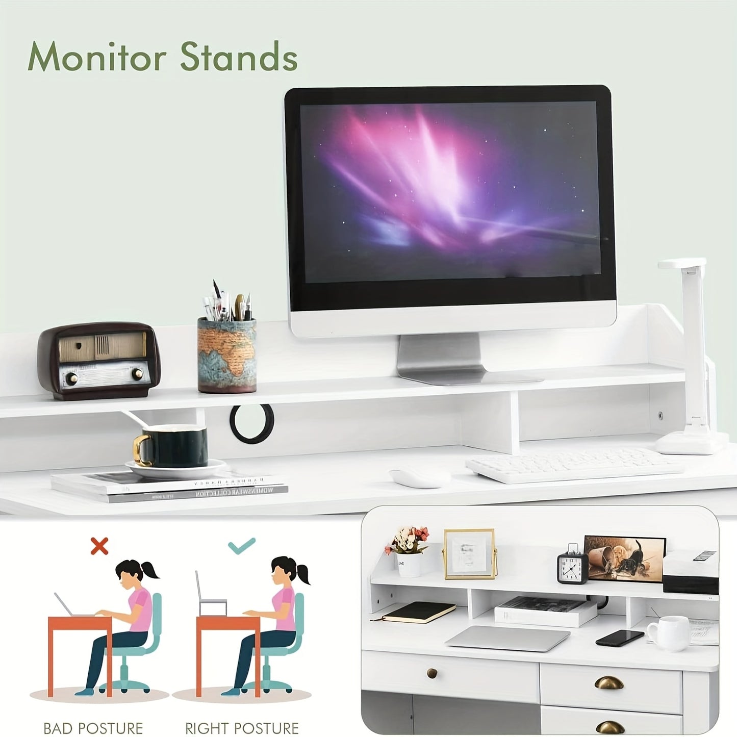 Chic Woods Home Collection — 47” Modern Home Office Desk with File Drawer & Elevated Monitor Shelf (Black + White) - solid wood furniture by Chic Woods