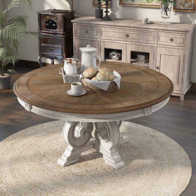 Dining Room 1pc Table Pedestal Base Antique White Round Table Solid Wood Furniture Rustic Style