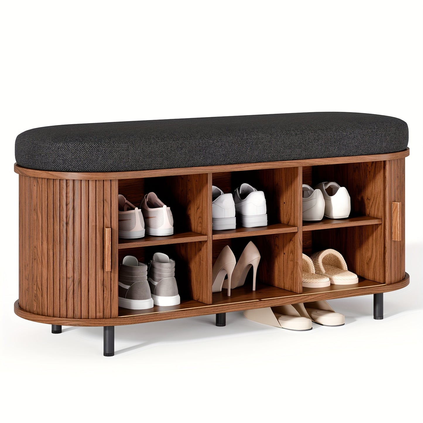 Arlington Walnut Entryway Bench with Sliding Door Shoe Storage