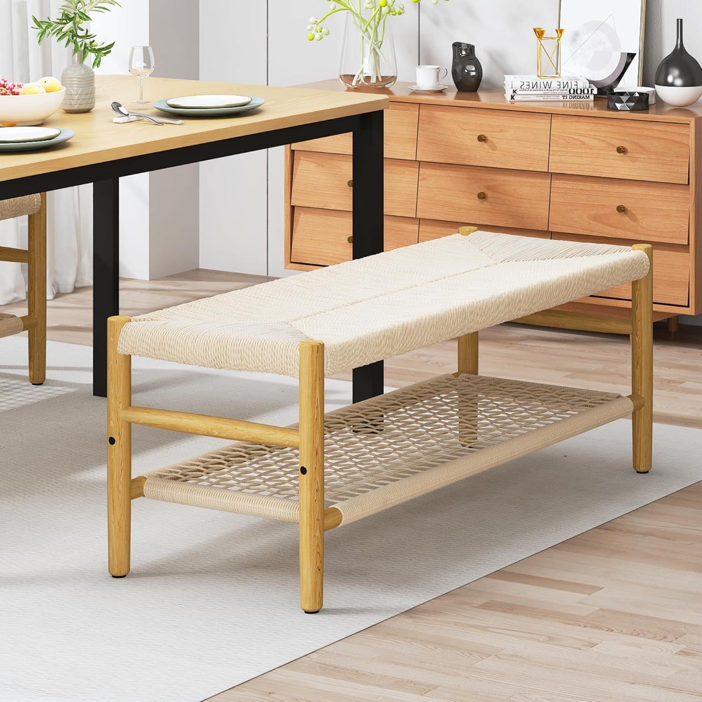 Cambria Rattan Storage Bench | 39” Woven Seat with Baskets