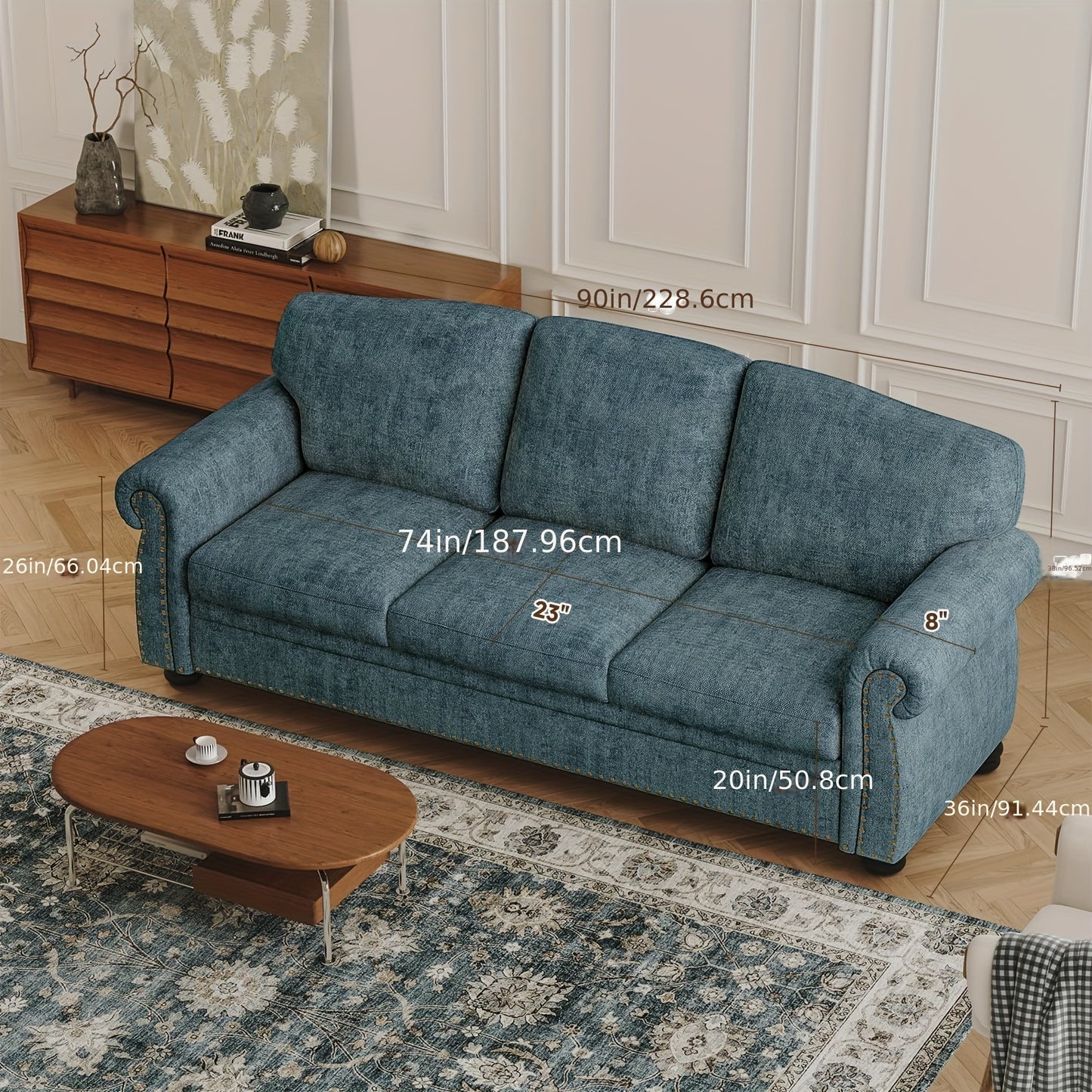 Bradford 90” Traditional Chenille Sofa | Rolled Arms & Nailhead Trim