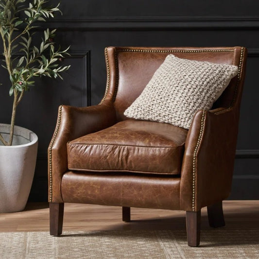 Ashford Top-Grain Leather Armchair | Vintage Brown Studded Accent
