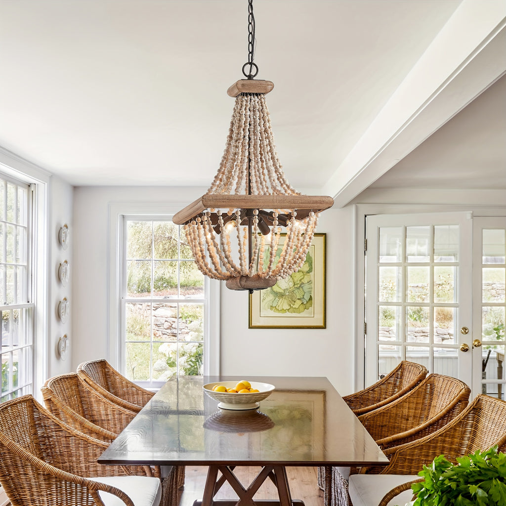 Boho Luxe 4-Light Distressed Wood Beaded Chandelier