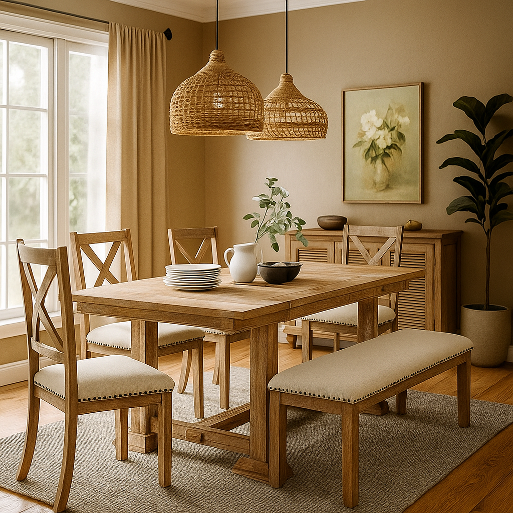 Thompson 6-Piece Farmhouse Dining Set- 82" Extendable Table with Footrest, 4 Upholstered Chairs & Bench, Natural beige Cushions