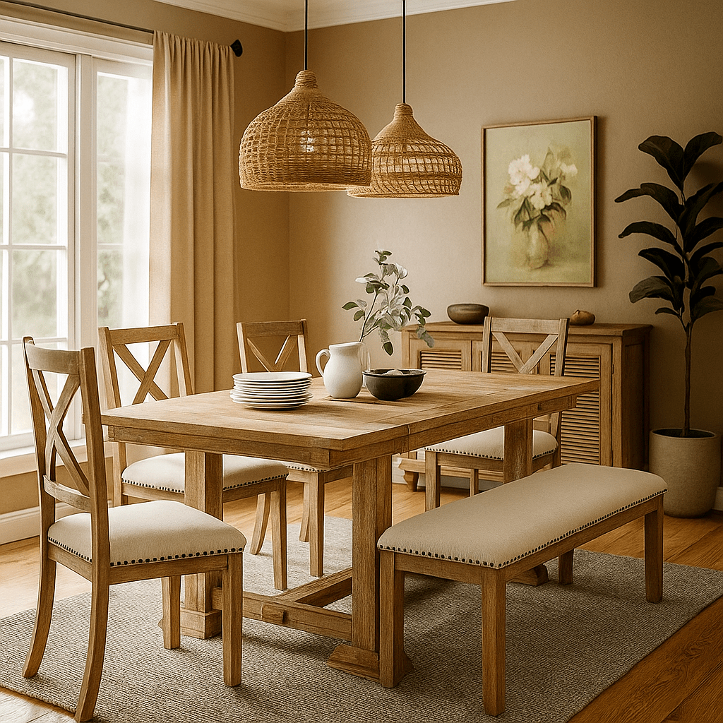 Thompson 6 - Piece Farmhouse Dining Set - 82" Extendable Table with Footrest, 4 Upholstered Chairs & Bench, Natural beige Cushions - solid wood furniture by Chic Woods