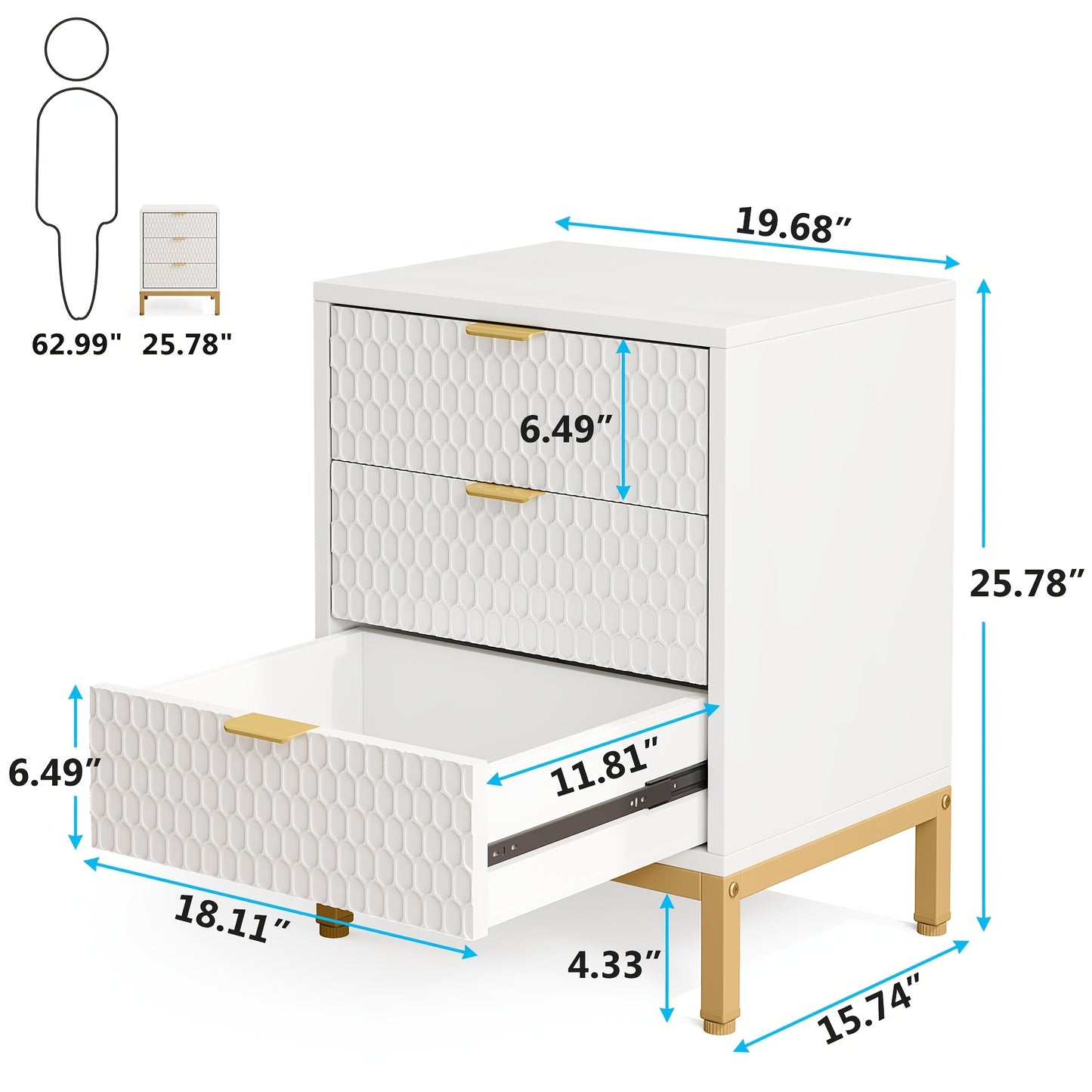 Modern White 3-Drawer Nightstand