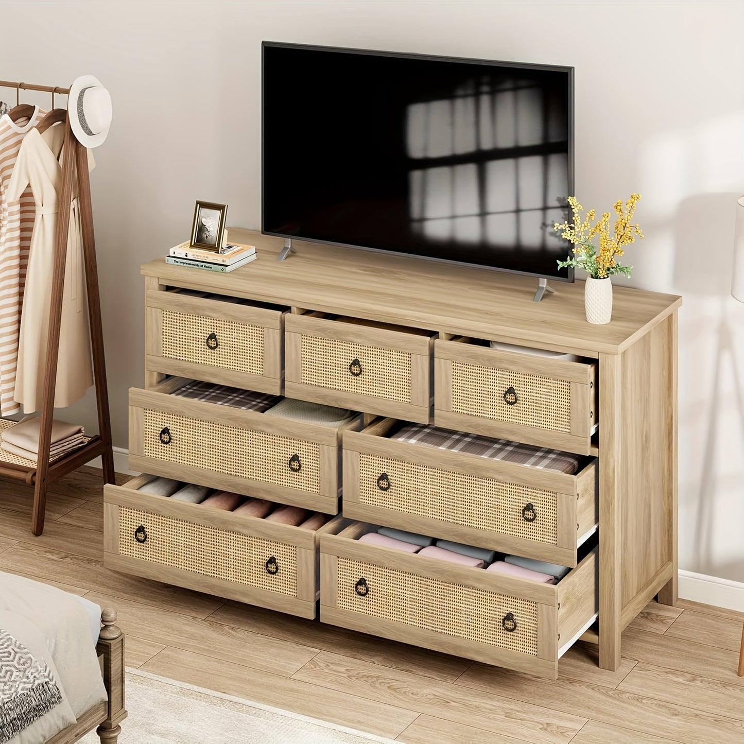 Hawthorn Cane - Front 7 - Drawer Dresser – Neutral Storage Chest - solid wood furniture by Chic Woods
