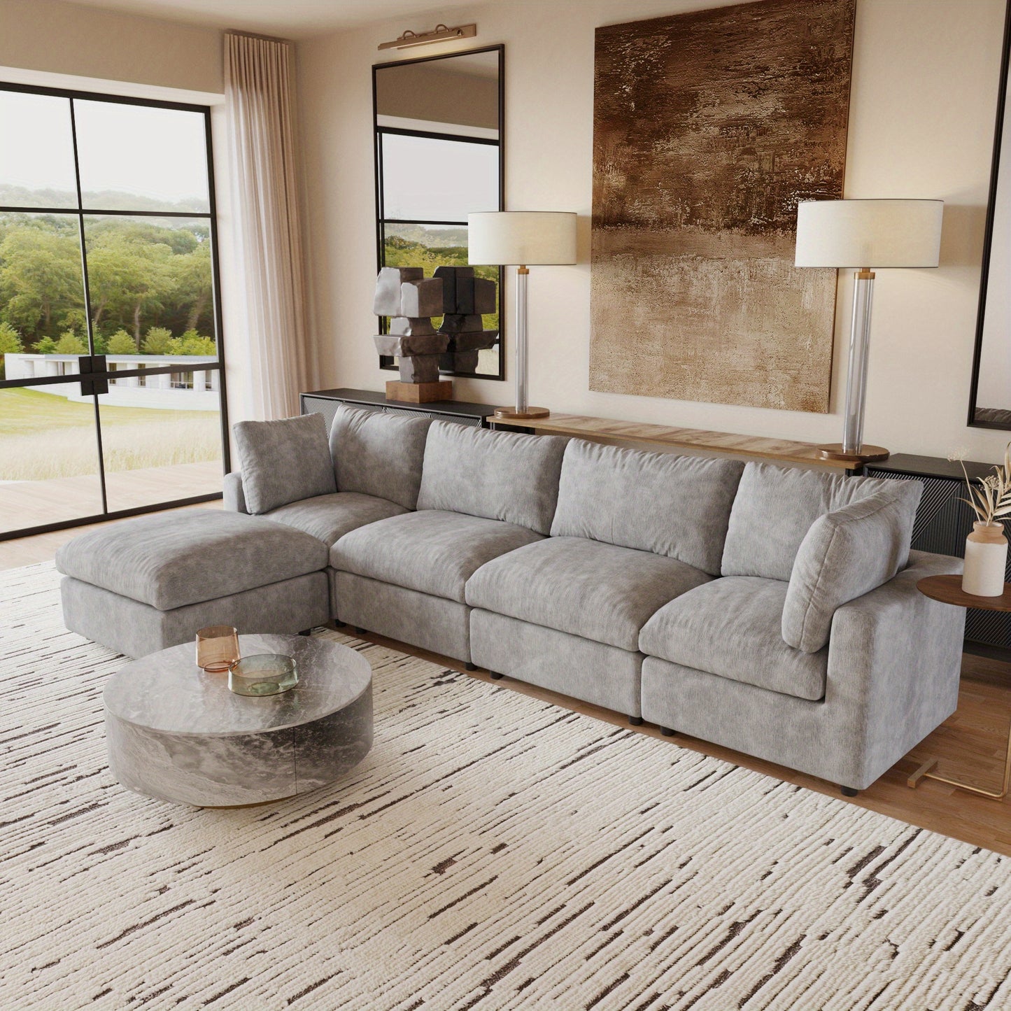 Montclair 134” Modular Lounge Sofa | Oversized L-Shape with Ottoman