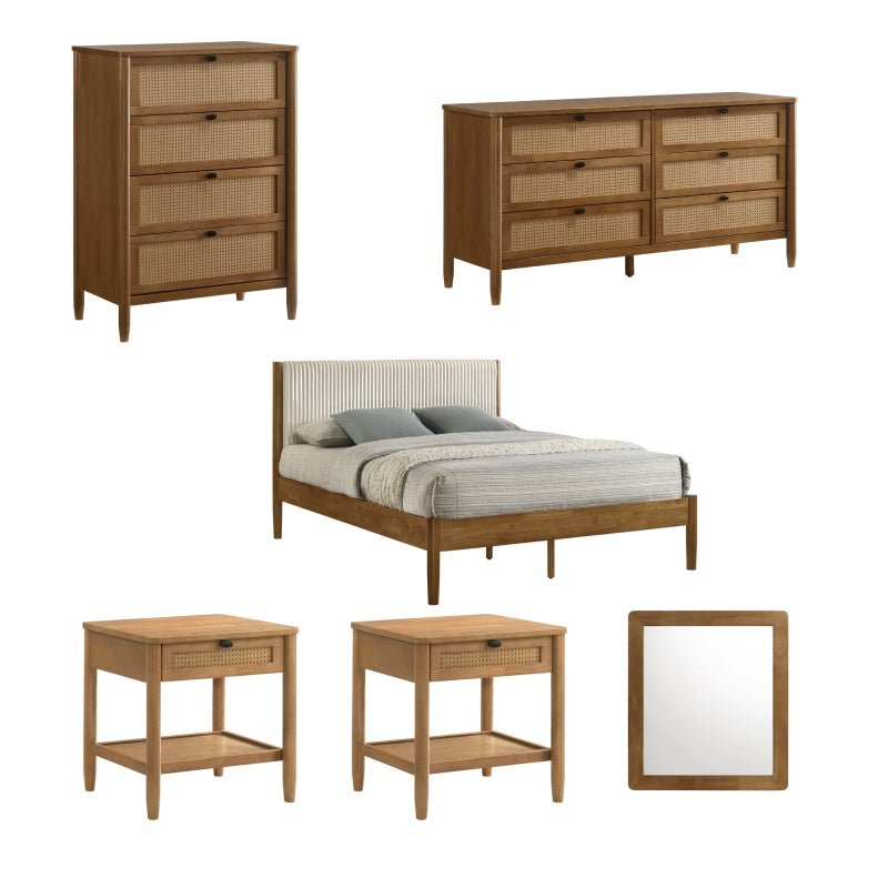 Marquette 6 - Piece Bedroom Set – Corduroy Queen Bed, Rubberwood Furniture Collection - solid wood furniture by Chic Woods