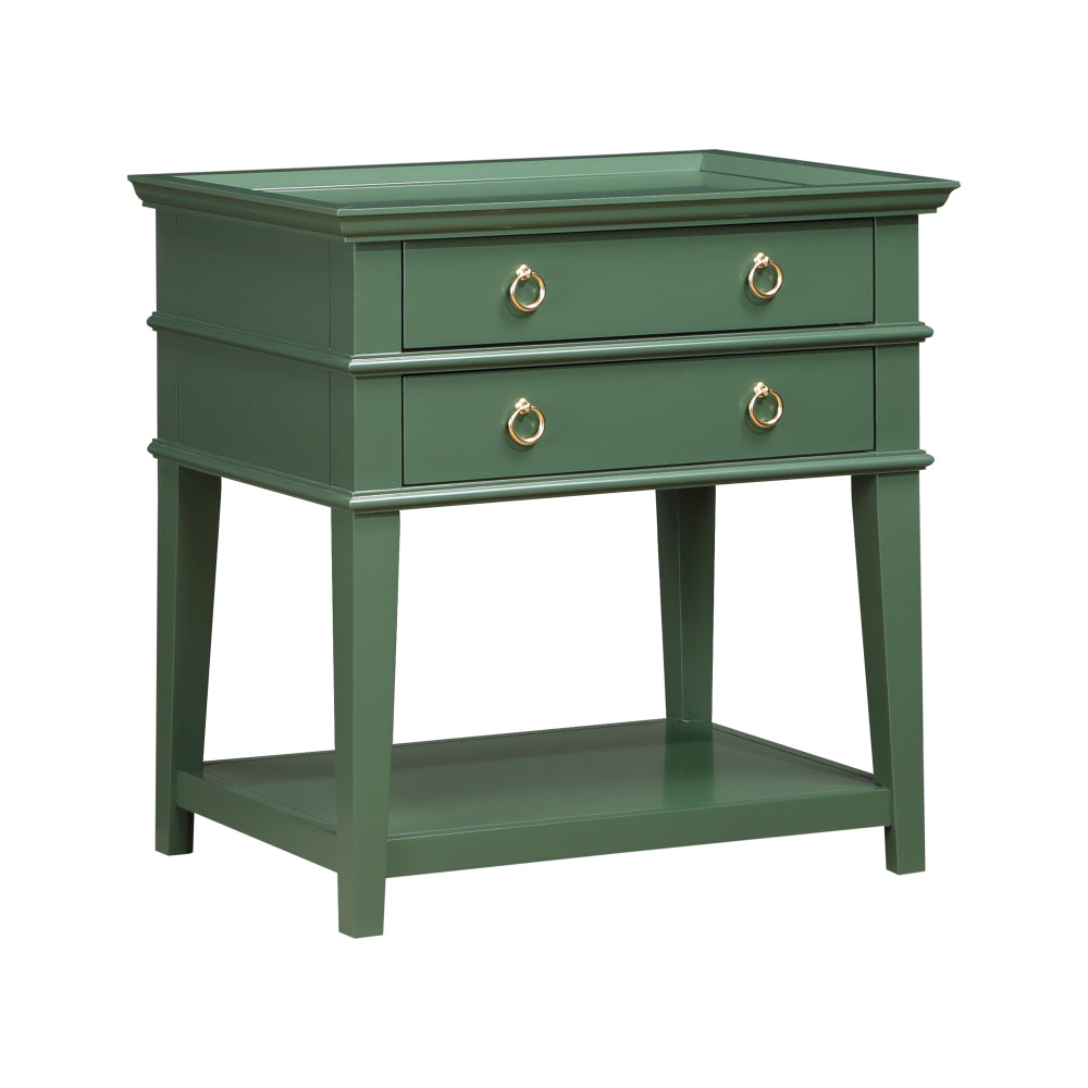 Evermere Vintage Green Nightstand | Tray-Top 2-Drawer Design