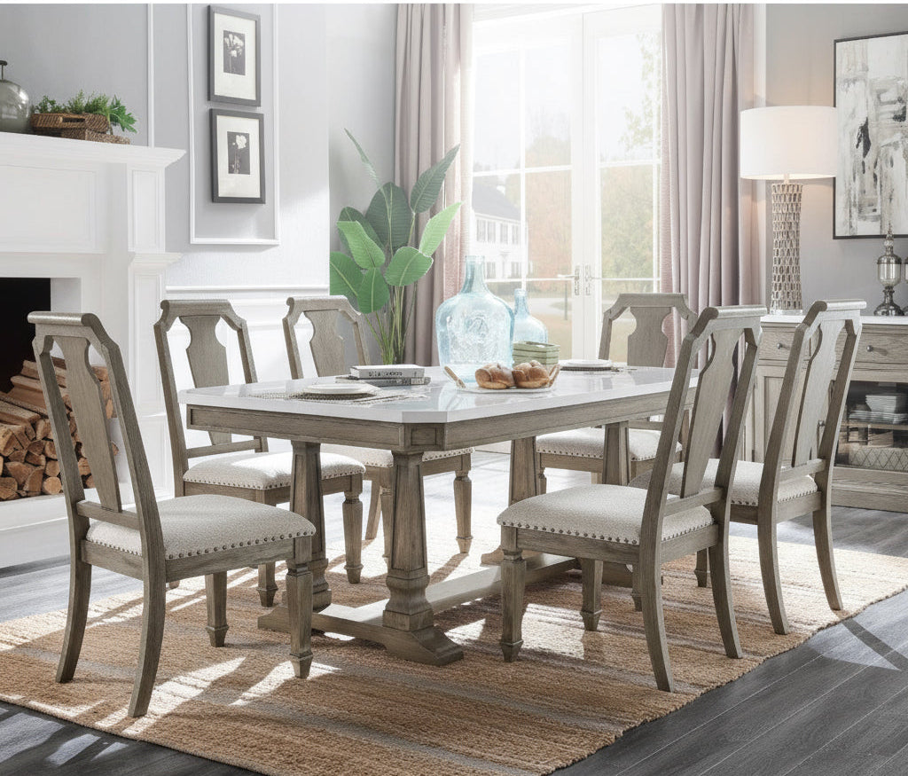 •	“Weathered Oak Open-Back Side Chairs – Set of 2 (Beige Upholstery)”