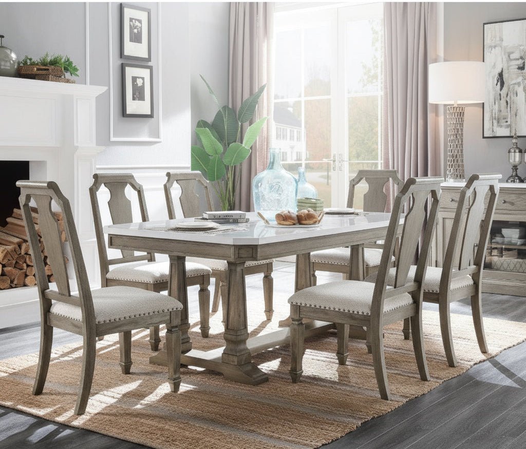 • “Weathered Oak Open - Back Side Chairs – Set of 2 (Beige Upholstery)” - solid wood furniture by Chic Woods