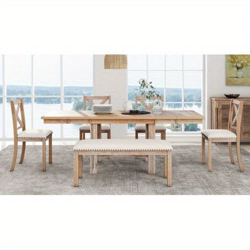 Thompson 6-Piece Farmhouse Dining Set- 82" Extendable Table with Footrest, 4 Upholstered Chairs & Bench, Natural beige Cushions