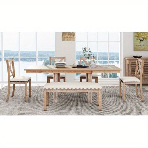 Thompson 6 - Piece Farmhouse Dining Set - 82" Extendable Table with Footrest, 4 Upholstered Chairs & Bench, Natural beige Cushions - solid wood furniture by Chic Woods