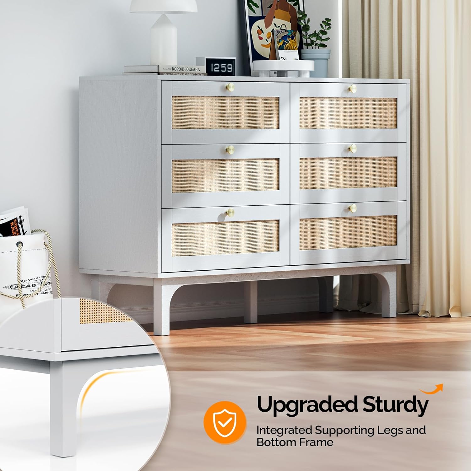 The Willow Bend 6 - Drawer Rattan Dresser — White - solid wood furniture by Chic Woods