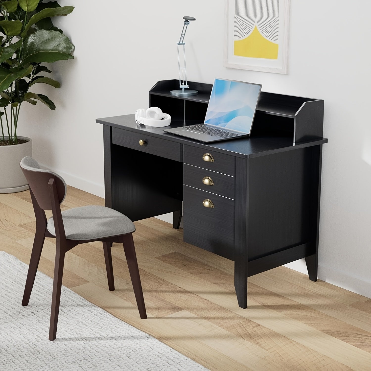 Chic Woods Home Collection — 47” Modern Home Office Desk with File Drawer & Elevated Monitor Shelf (Black + White) - solid wood furniture by Chic Woods