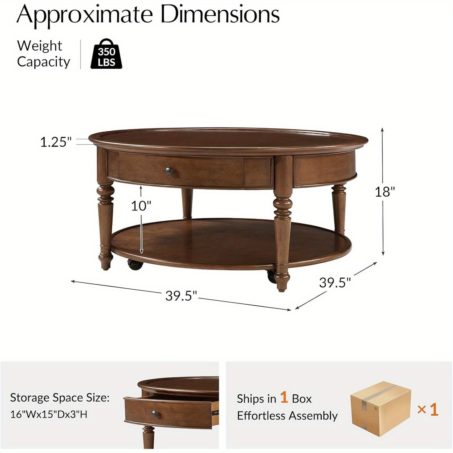Bennett Round Walnut Coffee Table | 2-Tier with Drawer & Casters