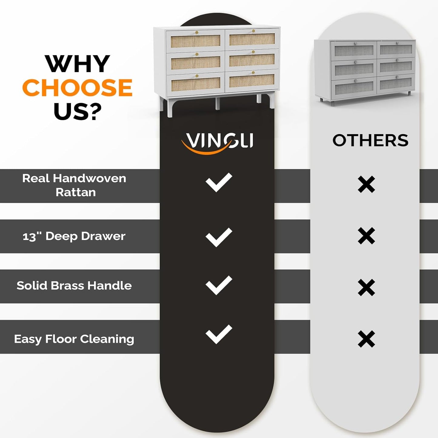 The Willow Bend 6 - Drawer Rattan Dresser — White - solid wood furniture by Chic Woods