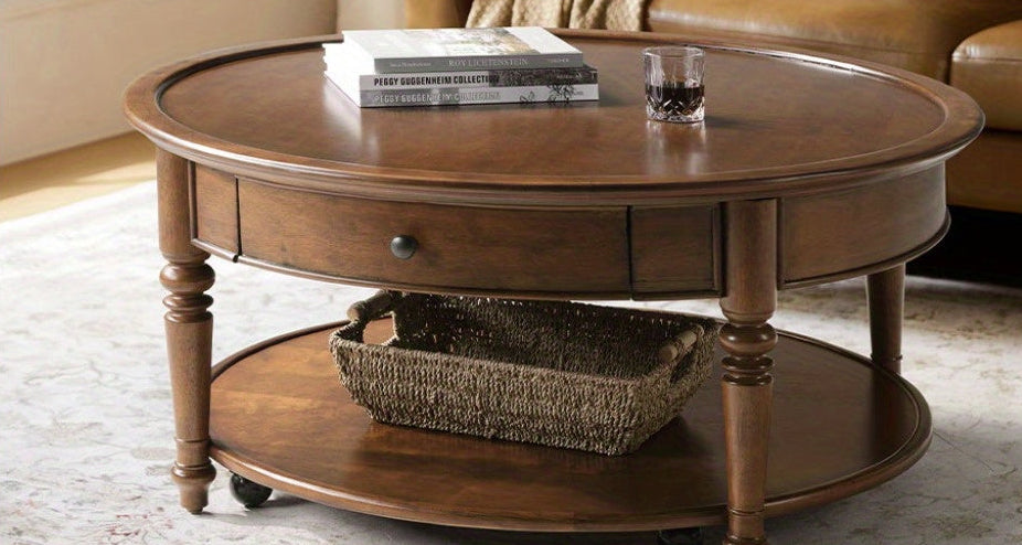 Bennett Round Walnut Coffee Table | 2-Tier with Drawer & Casters