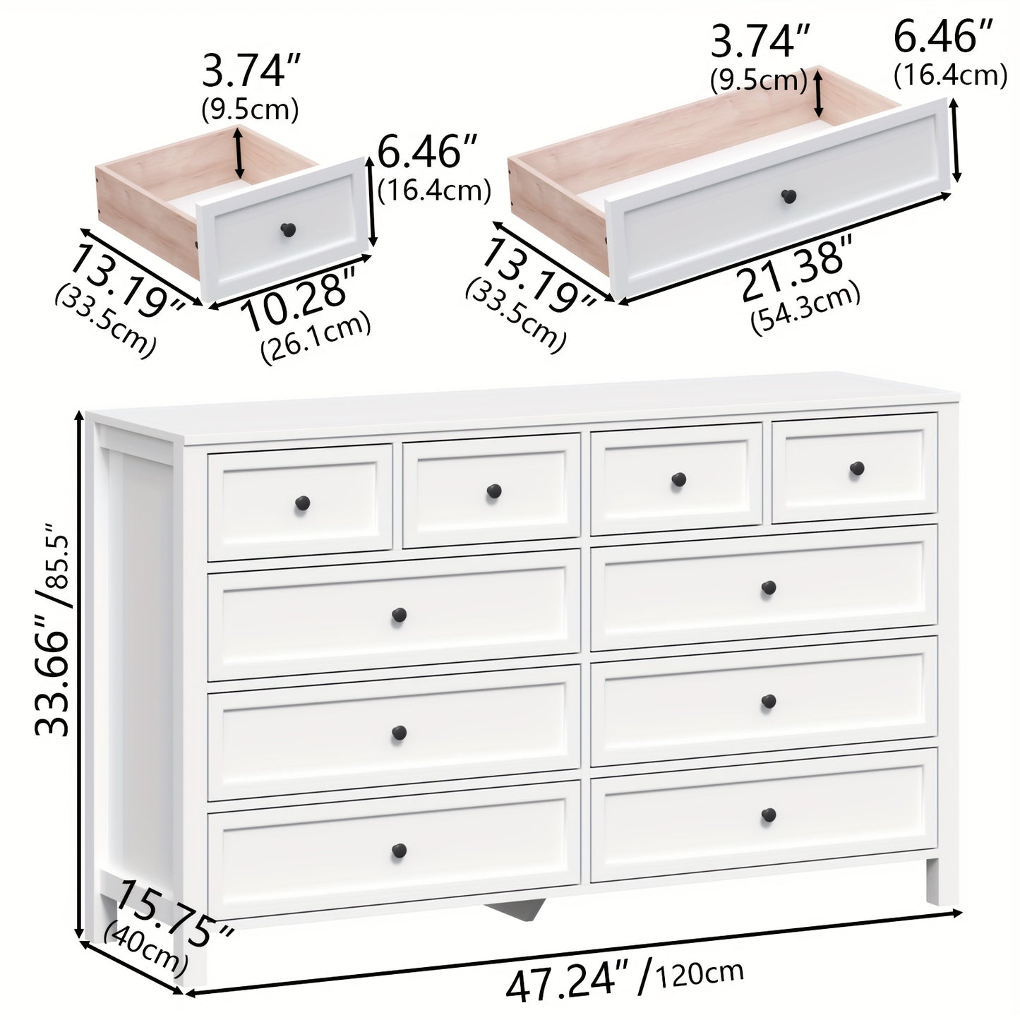 Farmhouse 10 - Drawer Dresser – White Large Storage Chest with Metal Handles & Square Wood Legs | Bedroom & Living Room Cabinet - solid wood furniture by Chic Woods