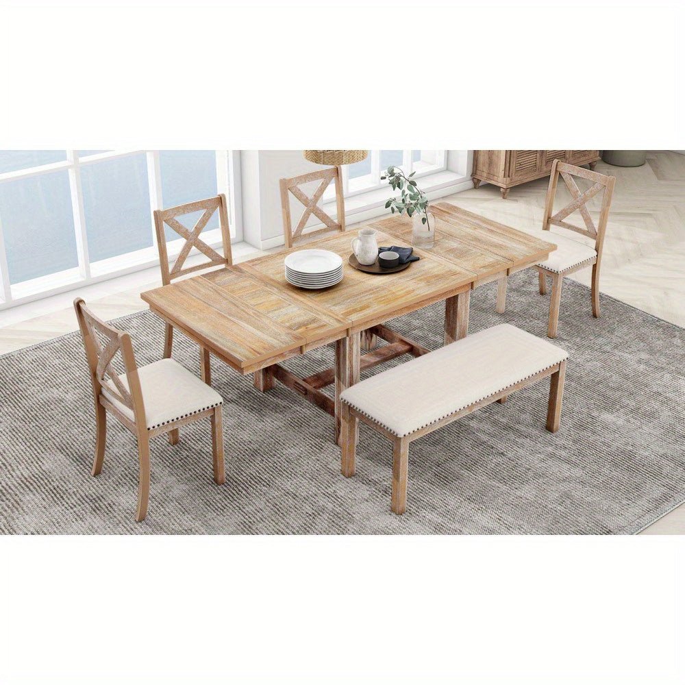 Thompson 6 - Piece Farmhouse Dining Set - 82" Extendable Table with Footrest, 4 Upholstered Chairs & Bench, Natural beige Cushions - solid wood furniture by Chic Woods